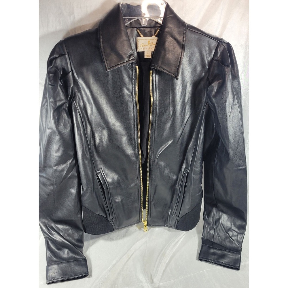 Flora Bea Women's Faux Leather Full Zip Cropped Moto Jacket - Black - Small